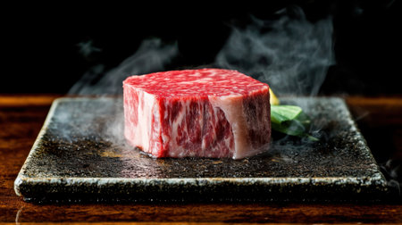 A sizzling Wagyu steak on a hot grill, juices glistening under the light.の素材