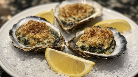 Oysters Rockefeller served on a bed of crushed ice with lemon wedges and sea salt.の素材