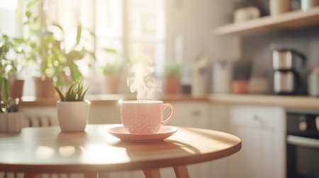 A cozy breakfast nook with a steaming coffee cup on a round table, soft morning glow filling the space.の素材