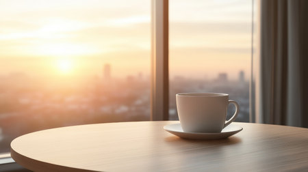 A coffee cup on a round wooden table, with blurred morning cityscape visible through a nearby window.の素材