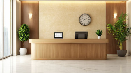 Affordable hotel reception with a wooden desk, a digital check-in screen, and a clock on the wall.の素材