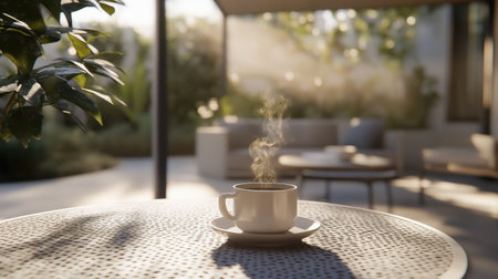 A cozy breakfast nook with a steaming coffee cup on a round table, soft morning glow filling the space.の素材