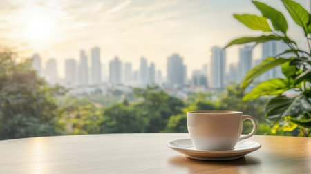 A coffee cup on a round wooden table, with blurred morning cityscape visible through a nearby window.の素材