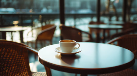 A delicate coffee cup on a round table near a large window, warm morning light softly illuminating the scene.の素材