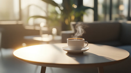 A tranquil morning caf scene with a steaming coffee cup on a round table, sunlight streaming in.の素材