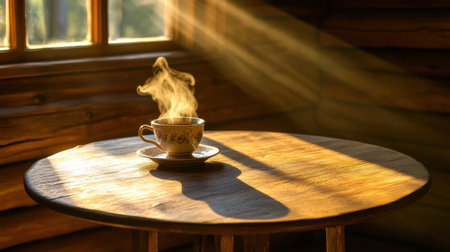 A vintage-style round table with a steaming coffee cup, warm morning light filling the room.の素材