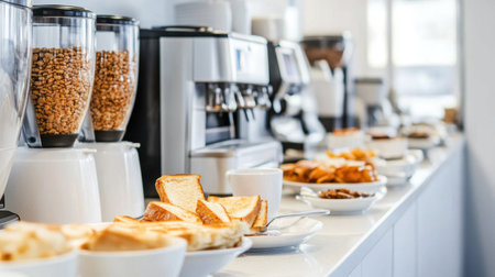 Basic hotel breakfast buffet with toast, cereal dispensers, and coffee machines lined up.の素材