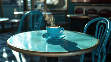 A tranquil morning caf scene with a steaming coffee cup on a round table, sunlight streaming in.の素材