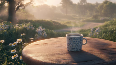 A steaming coffee cup sits on a round wooden table, bathed in soft morning sunlight, with a blurred outdoor view in the background.の素材