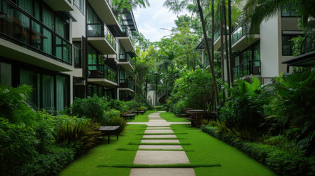 Basic hotel courtyard with plastic tables, minimal landscaping, and a concrete pathway.の素材