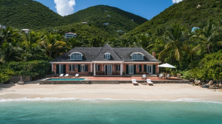 Beachfront resort villa with private lounge chairs, a sun umbrella, and a gentle sea breeze.の素材