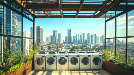 Budget hotel rooftop laundry area with coin-operated washing machines and drying racks.の素材