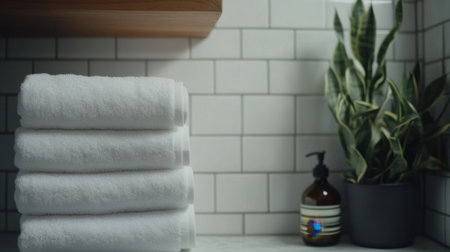 Compact budget hotel bathroom with a basic shower, white tiles, and neatly folded towels.の素材