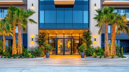 Grand entrance of a business hotel with automatic sliding glass doors, soft golden lighting, and modern architecture.の素材