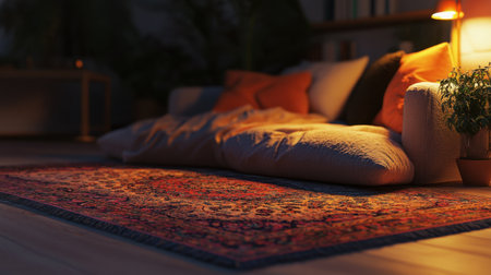 High-end hotel suite with a comfortable lounge area, a cozy rug, and soft lighting.の素材