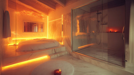 High-end hotel suite with a marble bathroom, glass shower, and soft ambient lighting, creating a relaxing atmosphere.の素材