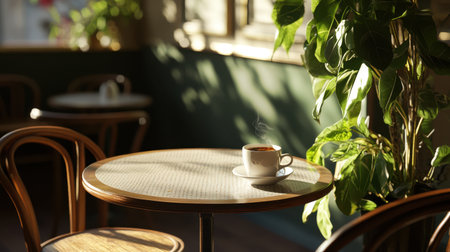 A serene caf morning with a coffee cup on a round table, sun-kissed wooden floor reflecting warm light.の素材