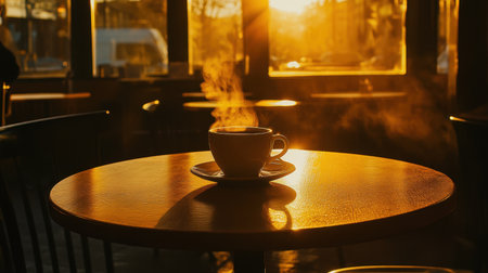 A tranquil morning caf scene with a steaming coffee cup on a round table, sunlight streaming in.の素材
