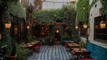Charming boutique hotel courtyard with ivy-covered walls, vintage furniture, and warm glowing lanterns.の素材