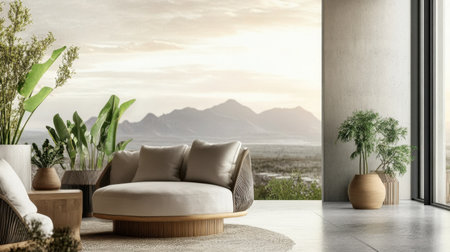 Modern hotel terrace with stylish furniture, potted plants, and a panoramic sunset view.の素材