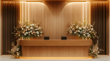 Luxury resort welcome desk with warm wooden tones, fresh flowers, and elegant ambient lighting.の素材