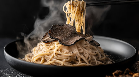 Fresh truffle shavings being delicately placed on a steaming plate of gourmet pasta.の素材