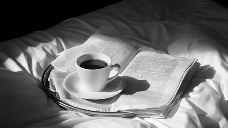 Luxury hotel breakfast in bed with a gourmet tray, fresh coffee, and a newspaper.の素材