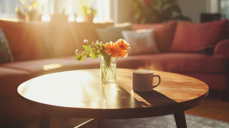 A cozy morning with a coffee cup on a round wooden table, sun rays adding warmth to the serene setting.の素材