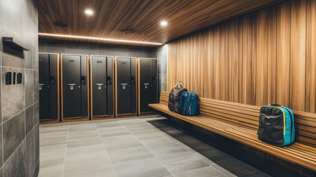 Budget hotel luggage storage area with a wooden bench, suitcase rack, and small lockers for guests.の素材