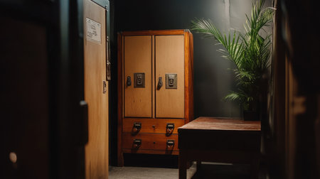 Budget hotel luggage storage area with a wooden bench, suitcase rack, and small lockers for guests.の素材