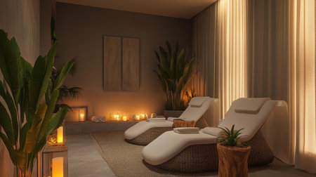 Business hotel spa with a serene relaxation area, modern decor, and soft candlelight.の素材