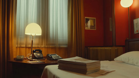 Modest hotel night table with a stack of brochures, a telephone, and a digital alarm clock.の素材