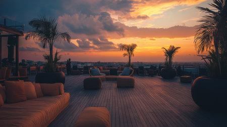 Modern hotel terrace with stylish furniture, potted plants, and a panoramic sunset view.の素材