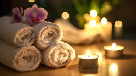 Luxury hotel spa room with dim lighting, soft towels, aromatherapy candles, and a serene atmosphere.の素材