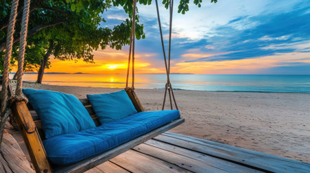 Peaceful resort swing chair on a wooden balcony, overlooking a stunning beach sunset.の素材