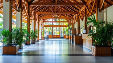 Resort hotel open-air lobby with elegant wooden beams, panoramic ocean views, and tranquil ambiance.の素材