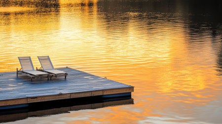 Resort floating dock with lounge chairs, gentle ripples on the water, and a golden sunset glow.の素材