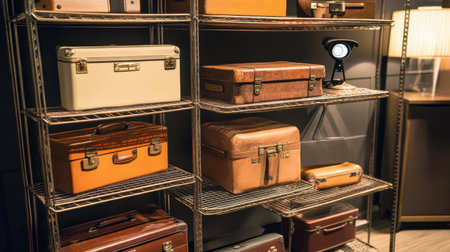 Small hotel luggage storage area with metal shelves, a few suitcases, and a security camera.の素材