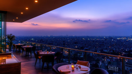 Rooftop bar of a business hotel with sleek seating, illuminated cityscape view, and contemporary decor.の素材