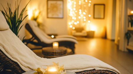 Serene resort spa with cozy lounge chairs, soft lighting, and scented candles creating a peaceful atmosphere.の素材
