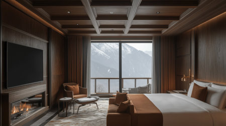 Scenic mountain-view hotel suite with wooden interiors, a cozy fireplace, and a private balcony overlooking nature.の素材