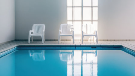 Small hotel pool area with a few plastic chairs, a shallow pool, and basic tile flooring.の素材