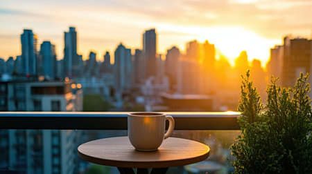 Skyline view from a hotel balcony at sunrise, with a small table and coffee cup in the foreground.の素材