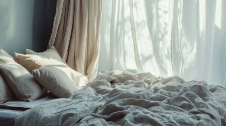 Serene hotel suite with a neutral color palette, soft linen curtains, and a plush bed with decorative pillows.の素材