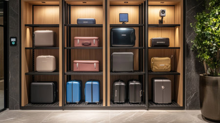 Small hotel luggage storage area with metal shelves, a few suitcases, and a security camera.の素材
