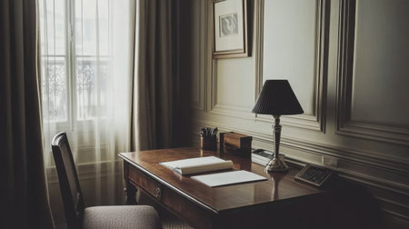 Small budget hotel desk setup with a lamp, a notepad, and a simple chair in a modest room.の素材