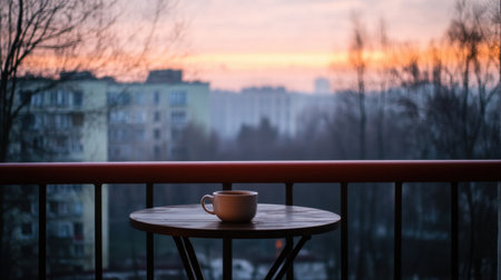 Skyline view from a hotel balcony at sunrise, with a small table and coffee cup in the foreground.の素材