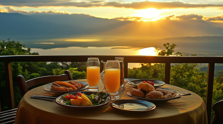 Tropical resort breakfast tray on a private terrace, featuring fresh juice, pastries, and scenic views.の素材