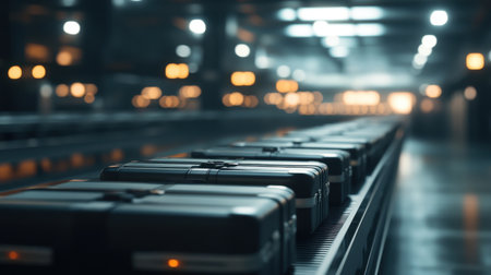 A baggage conveyor belt with neatly arranged suitcases in an airport arrival area.の素材