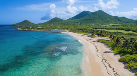 A beautiful tropical island beach with crystal-clear water, golden sand, and lush green palm trees swaying.の素材